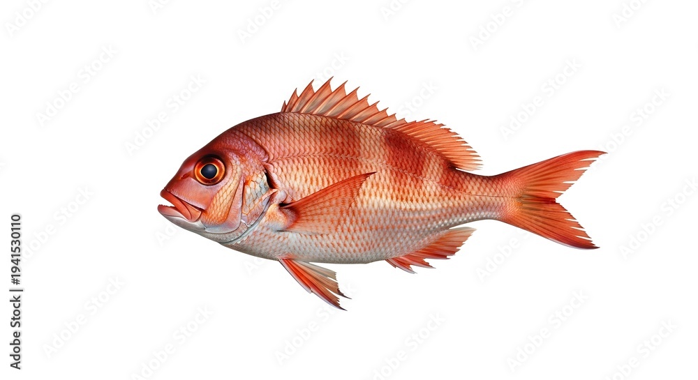 Fototapeta premium Detailed illustration of a red snapper fish with vibrant scales and fins, isolated on a clean white background, perfect for educational or culinary projects.