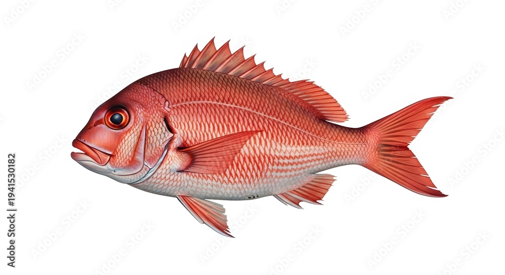 Fototapeta premium Vibrant red snapper fish illustration, showcasing detailed scales and features in a side profile view, isolated on a white background.