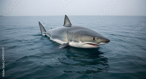 Powerful great white shark (Carcharodon carcharias) with dorsal fin breaching the calm blue ocean surface, hunting in its natural marine habitat.
