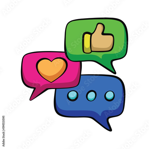 Colorful social media speech bubble icons with heart love like thumbs up and chat symbols for digital communication marketing