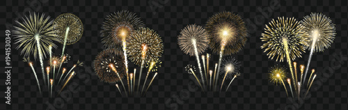 Collection of detailed fireworks explosions on transparent background. Vector illustration