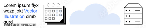 Data storage, digital organization, cloud computing, scheduling, technology systems, productivity. A cloud, server and calendar icons. Cloud computing and data storage management concept