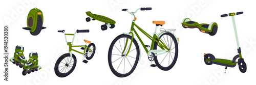 Large set of urban and electric transport including bicycle, scooter, hoverboard, board and skates isolated on white background. Flat illustration for eco travel posters or city movement banners