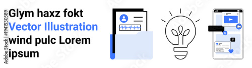 Identity verification, technology, innovation, digital media, creative process, data management. Document icon, lightbulb and smartphone. Identity verification and technology concepts