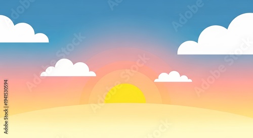 Minimalist sunrise landscape with fluffy clouds and a soft gradient sky, conveying peace and tranquility in a new day