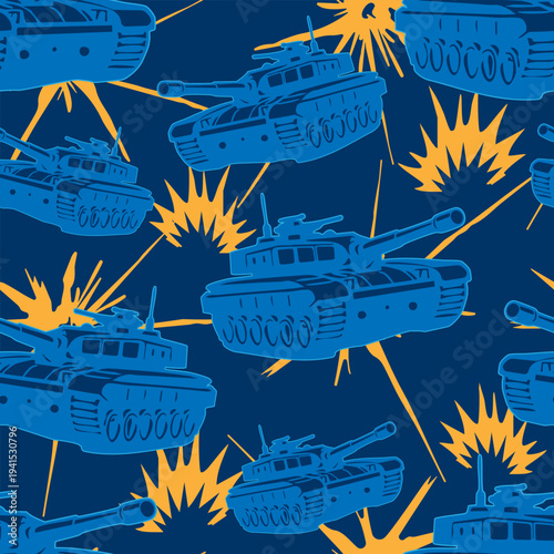 Seamless military vector pattern with battle tanks and orange explosions. Tactical armored vehicle background in grunge style for gaming decor, streetwear, and active lifestyle apparel.