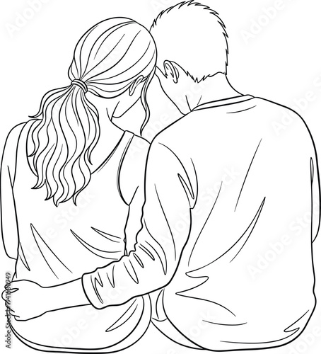 Romantic couple sitting together back view love relationship line art vector illustration