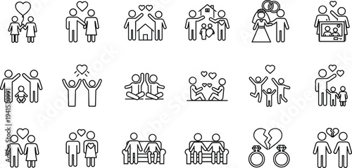 Family relationship and marriage outline icons love parenting vector illustration set