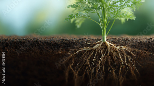 Healthy plant roots botanical composition in soil