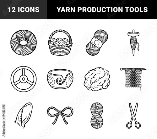 Handmade textile production and yarn crafting elements for artisanal branding. Monoline contour drawings featuring spinning tools and knitting supplies.