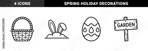 Easter holiday celebration and spring gardening symbols. Chunky monoline black and white graphics featuring a woven basket, bunny ears, decorated egg, and wooden sign.
