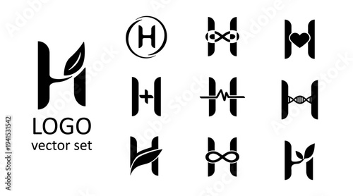 H bio logo set with leaf dna medical and eco symbols