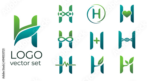 H bio logo set with leaf dna heart and medical symbols for biotechnology healthcare and eco brands