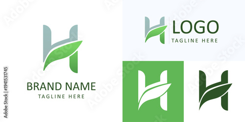 H bio logo with green leaf for eco organic natural brand identity