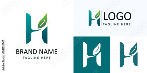 H bio logo with green leaf for eco organic healthcare brand identity