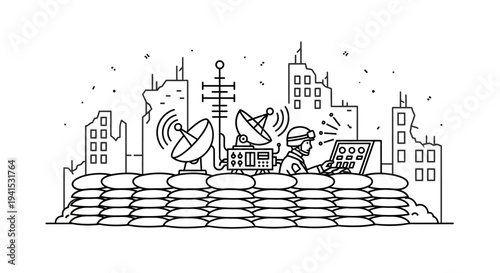 Military communication post in destroyed city, soldier operating equipment, satellite dishes, war zone