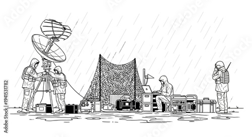 Military communication team operates satellite dish in rainy weather, tactical operations