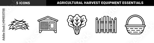 Farmstead and agricultural lifestyle elements for rural branding. Thick monoline pictograms featuring a rabbit hutch, leafy greens, hay, basket, and garden gate.