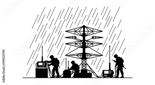Military communication team working in heavy rain with radio tower and equipment