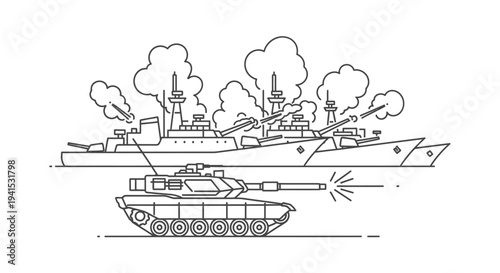 Military conflict: Tank firing, warships in battle with smoke and explosions