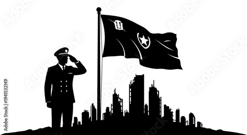 Military Salute to City Skyline and Flag