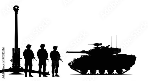 Military Scale Comparison: Soldiers, Artillery Gun, and Tank Silhouette