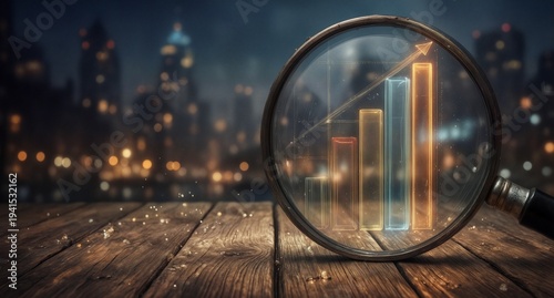 financial analysis with bar graph seen through magnifying glass on wood.