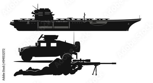 Military Silhouette: Aircraft Carrier, Humvee, Sniper