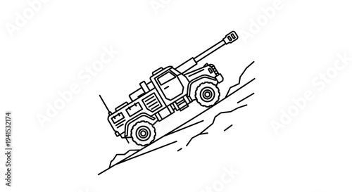 Military Self-Propelled Howitzer Truck Driving Uphill on Rocky Terrain