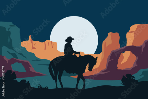 A picturesque silhouette of a cowboy on horseback against a full moon and a breathtaking desert backdrop, representing adventure, freedom, and the spirit of the wild west.