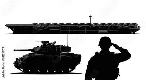 Military Silhouette: Aircraft Carrier, Tank, and Soldier Saluting