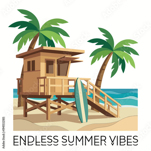 A vibrant illustration showing a lifeguard hut on a sunny beach, surrounded by palm trees and a surfboard, embodying the cheerful essence of summer and beach life.