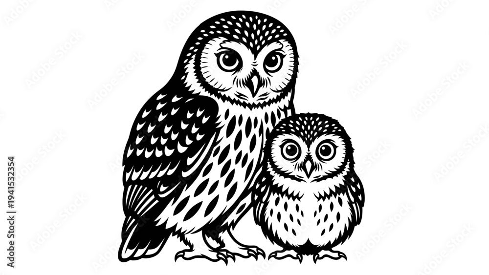 Fototapeta premium Adorable Owl Family Silhouette: Parent and Chick, Black and White Line Art