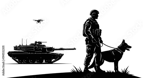Military Soldier, Guard Dog, Tank, and Drone - Modern Warfare and Surveillance Concept
