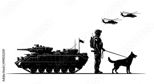 Military Soldier, K9 Unit, Armored Vehicle, and Helicopters in Silhouette