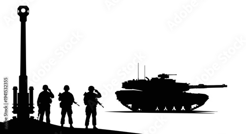 Military Soldiers and Tank Silhouette on White Background