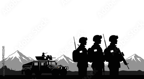 Military Soldiers and Humvee Silhouette Against Mountain Landscape