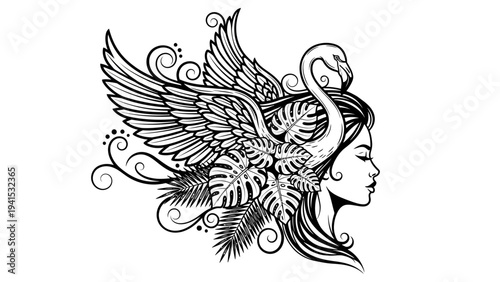 Wallpaper Mural Elegant Woman Profile with Swan Wings and Tropical Leaves, Black and White Line Art Torontodigital.ca