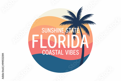 A modern depiction of Florida's coastal scene, featuring serene waves, palm trees, and a sunset palette, inviting viewers to unwind and embrace the coastal lifestyle.
