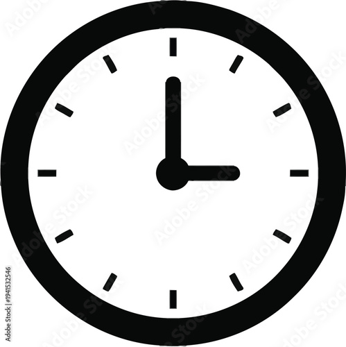 Vector clock icon with black hands on white background simple wall clock illustration