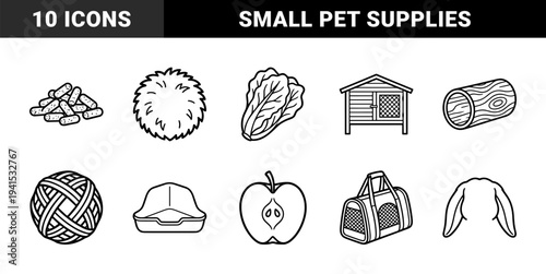 Rabbit care essentials and small pet ownership equipment. Monoline black and white pictograms featuring hutch, hay, tunnel, and grooming supplies.