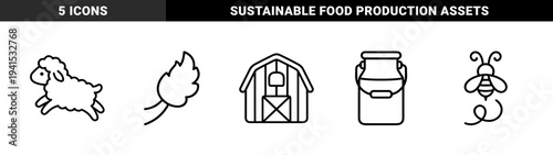Sustainable organic farming and local agriculture pictograms. Minimalist monoline symbols featuring livestock, dairy production, and rural barn architecture.
