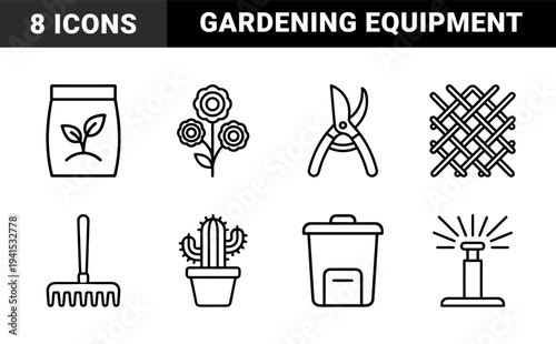Gardening and landscaping maintenance equipment for horticultural projects. Minimalist monoline pictograms featuring botanical care and backyard cultivation tools.