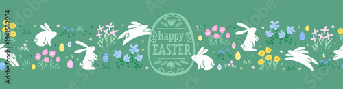 Cute hand drawn Easter seamless pattern with bunnies, flowers, easter eggs, beautiful background, great for Easter Cards, banner, textiles, wallpapers - vector design