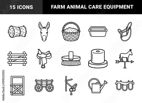 Donkey husbandry and livestock management equipment in clean monoline style. Minimalist farm animal care, grooming, and stable maintenance elements.