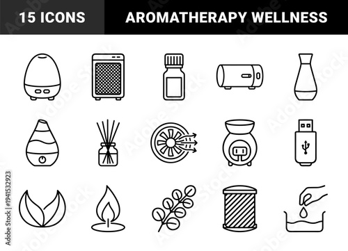 Aromatherapy and air quality management elements for wellness branding. Technical monoline pictograms featuring essential oil diffusers, humidifiers, and holistic spa treatments.