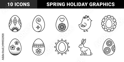 Easter holiday celebration elements in monoline black and white style. Minimalist spring themed graphics featuring decorated eggs, baby chick, and bunny rabbit silhouettes.