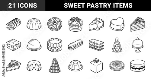 Bakery and patisserie dessert elements in a clean monoline style featuring cakes, tarts, macarons, and gourmet pastries for menu design.