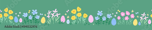 Cute hand drawn Easter seamless pattern with bunnies, flowers, easter eggs, beautiful background, great for Easter Cards, banner, textiles, wallpapers - vector design