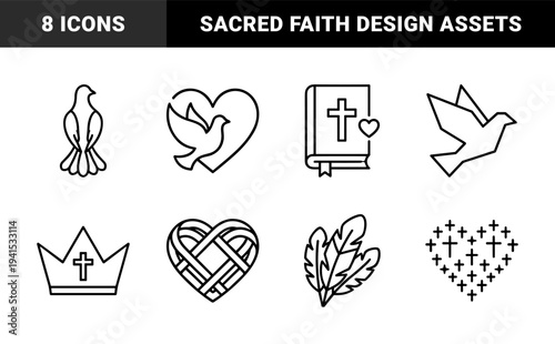 Christian faith and spiritual devotion symbols featuring dove of peace, holy bible, and heart shapes in a clean monoline aesthetic.
